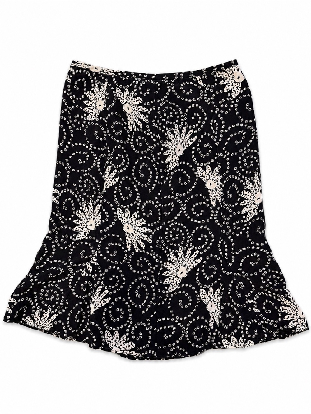 Ann Taylor LOFT 100% Silk Floral Midi Skirt Size 10 Black Ivory Boho